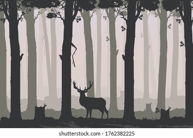 	
Horizontal background with deciduous forest and deer