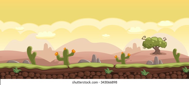 Horizontal ?artoon Background with Desert landscape Stones, Rocks, Cacti