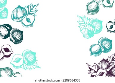 
Horizontal background design with hazelnuts and leaves. Handwritten vector illustration.