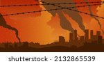 Horizontal background with destroyed city and barb wire. War concept banner with Barb Wire and town vector illustration.