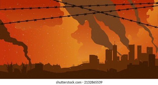 Horizontal background with destroyed city and barb wire. War concept banner with Barb Wire and town vector illustration.