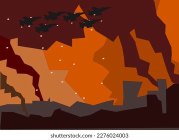 Fondo horizontal con ciudad destruida y humo de fuego. Banner de concepto de noche de guerra con aviones militares y ciudad. ilustración vectorial.