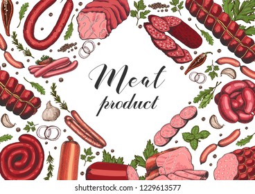 Horizontal background with different color meat products in sketch style. Sausages, ham, bacon, lard, salami. Vector illustration for your design