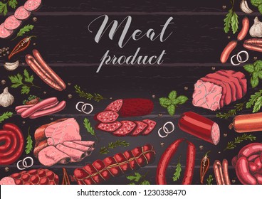 Horizontal background with different color meat products in sketch style. Sausages, ham, bacon, lard, salami. Vector illustration for your design