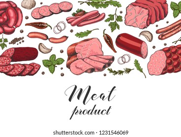 Horizontal background with different color meat products in sketch style. Sausages, ham, bacon, lard, salami. Vector illustration for your design
