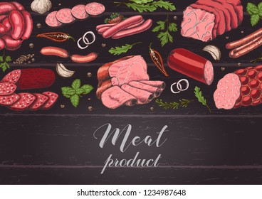 Horizontal background with different color meat products in sketch style. Sausages, ham, bacon, lard, salami. Vector illustration for your design