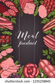 Horizontal background with different color meat products in sketch style. Sausages, ham, bacon, lard, salami. Vector illustration for your design