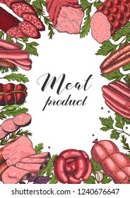 Horizontal background with different color meat products in sketch style. Sausages, ham, bacon, lard, salami. Vector illustration for your design