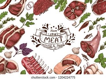 Horizontal background with different color meats in sketch style. Vector illustration for your design