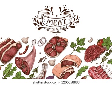 Horizontal background with different color meats in sketch style. Vector illustration for your design
