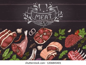 Horizontal background with different color meats in sketch style. Vector illustration for your design