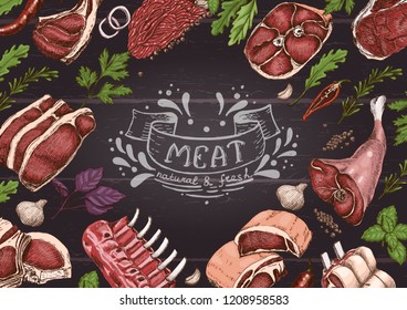 Horizontal background with different color meats in sketch style. Vector illustration for your design