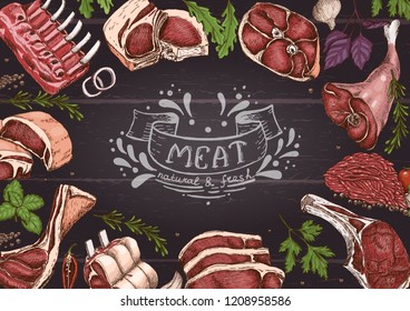 Horizontal background with different color meats in sketch style. Vector illustration for your design