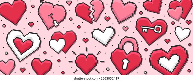 Horizontal background of different pixel hearts on a pink background. Concept of Valentine day. Vector illustration love symbol in retro style