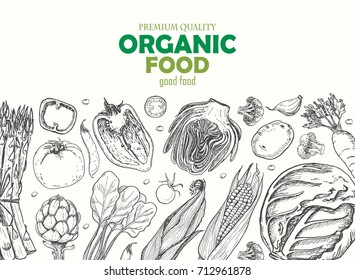 Horizontal background with different vegetables. Organic food. Vector illustration for your design
