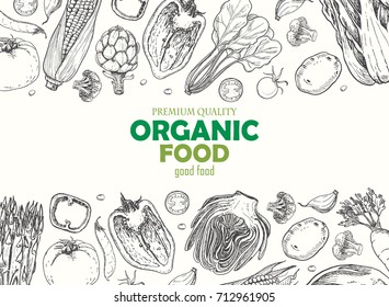 Horizontal background with different vegetables. Organic food. Vector illustration for your design