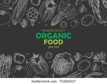 Horizontal background with different vegetables. Organic food. Vector illustration for your design
