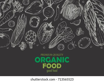 Horizontal background with different vegetables. Organic food. Vector illustration for your design