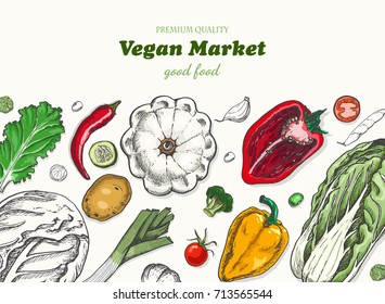 Horizontal background with different vegetables. Organic food. Vector illustration for your design
