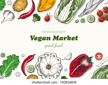 Horizontal background with different vegetables. Organic food. Vector illustration for your design