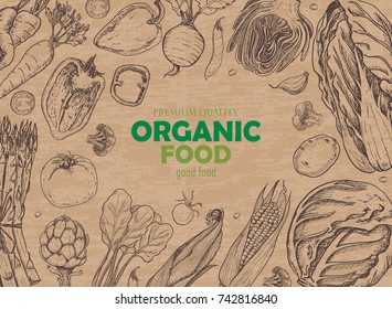 Horizontal background with different vegetables. Organic food. Vector illustration for your design