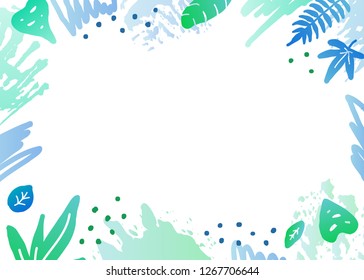 Horizontal background with doodle colored jungle leaves, brush strokes and dots. Used clipping mask.