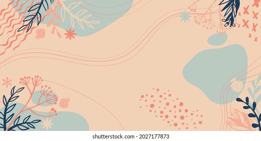 Horizontal background with doodle flower and leaves silhouette and abstract shapes and place for text. Banner with copy space and hand drawn decorative plant and trendy shapes in Scandinavian style.