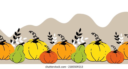 Horizontaler Hintergrund mit doodlen Kürbissen.  Vorlage für Herbst und Erntedanktag