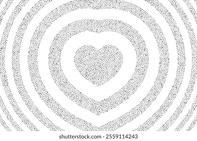 A horizontal background of a dotted heart-shaped tunnel is isolated on a transparent background. Trendy retro vector illustration. Halftone point pattern of expanding hearts from the center