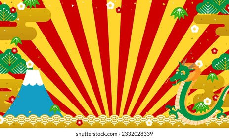 horizontal background with dragon, mt.Fuji and sunburst decorations