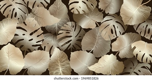 Horizontal background with exotics golden monstera and Philodendron leaves. Hand drawn luxury golden tropical leaf on dark background. Vector linear illustration of monstera leaves.