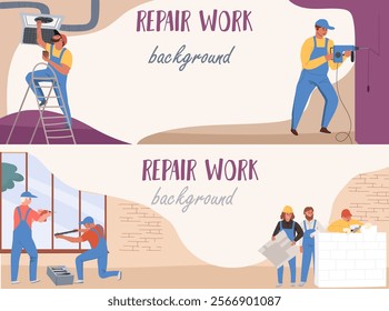 Horizontal background, frame, banner , hand drawn vector. Ventilation installation, HVAC repair. Repairing window in building.  Worker during wall penetration with power drill. 