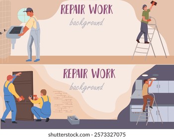 Horizontal background, frame, banner , hand drawn vector. Door installation, replacement.  Replacing and upgrading. Electrician installing, adjusting electrical lamp, Installing a sink in a bathroom.