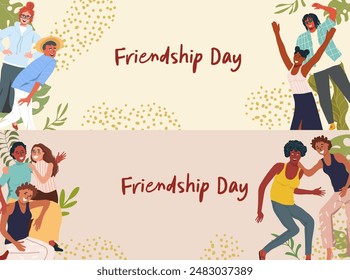 Horizontal background, frame, banner with people, guys, girls celebrating joyfully, waving and bouncing. Youth day, friendship day, hug day. Vector hand drawn illustration.