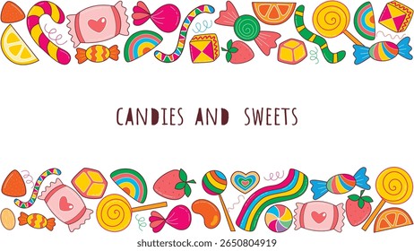 Horizontal background with frame of candies and sweets