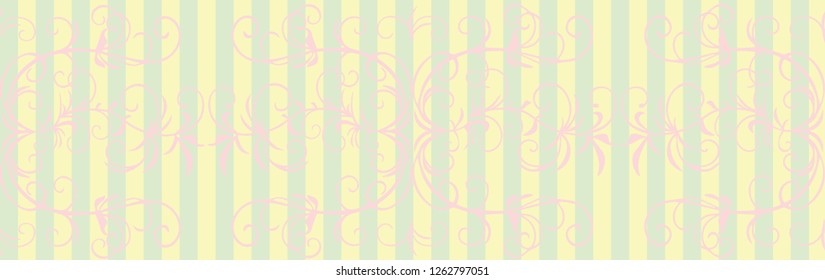 Horizontal background in girl`s style with light yellow and green stripes, pink classic floral ornament.  Useful for design of label on bottle or as header for public in social media or web site.