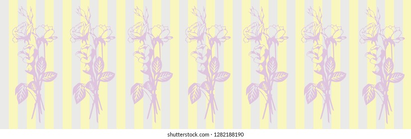 Horizontal background in girl`s style with light yellow and green stripes, pink rose floral ornament.  Useful for design of label on bottle or as header for public in social media or web site.