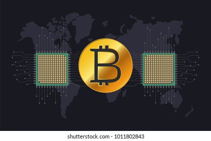 Horizontal background with golden bitcoin, microchip and world map. Stock vector illustration.