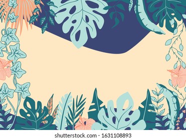 Horizontal background with green leaves of tropical palm tree, banana, monstera and ivy. Vector illustration.