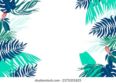 Fondo horizontal con hojas verdes de palmeras tropicales, plátano y monstera. Un marco elegante decorado con un follaje de exóticas plantas de selva. Frontera natural. Ilustración vectorial.