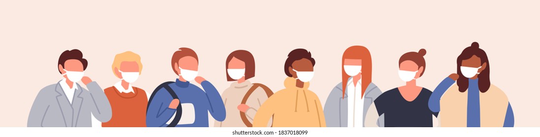 Horizontal background with group of people in protective face masks. Air pollution, seasonal disease outbreak, coronavirus. Men and women in respirators. Vector illustration in flat cartoon style