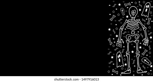 Horizontal background for halloween. Black, illustration white. Funny skeleton with a ghost, bones, a coffin, stars. Vector image for cards, invitations, and other design ideas.