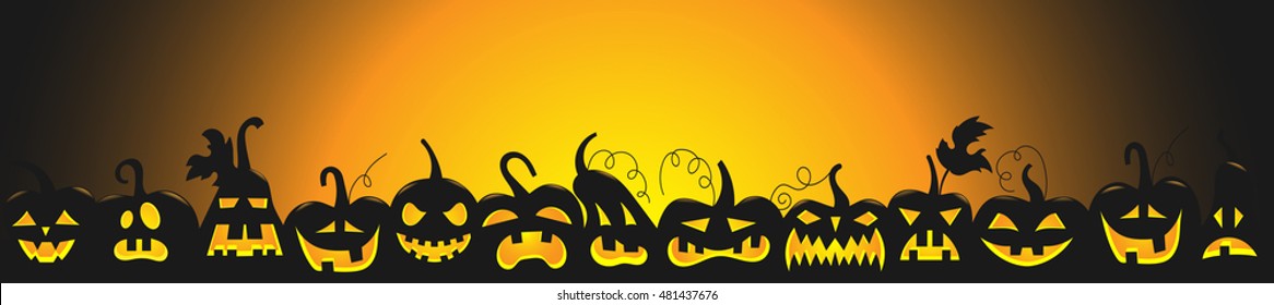 Horizontal background for Halloween, the dark silhouettes of pumpkins with glowing eyes on orange background