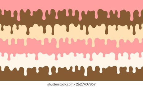 Horizontal background with hand drawn drops of ice cream, chocolate, glaze, topping, vanilla, strawberry, creme brulee, caramel. Long drop, dripping drip from cake, dessert, gelato. Vector EPS10