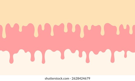 Horizontal background with hand drawn drops of ice cream, white chocolate, glaze, topping, vanilla, strawberry, creme brulee, caramel. 3 stripes dripping drip from cake, dessert, gelato. Vector EPS10