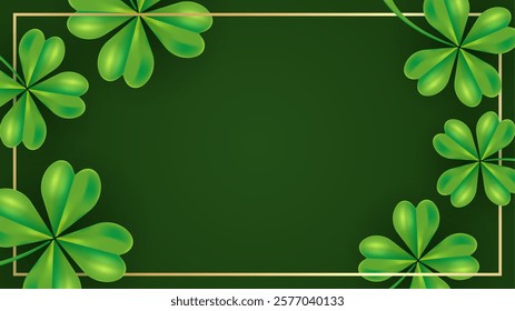 Horizontal background Happy Saint Patricks day. Clover leafs quatrefoils on green background. Vector illustration with copy space and golden border