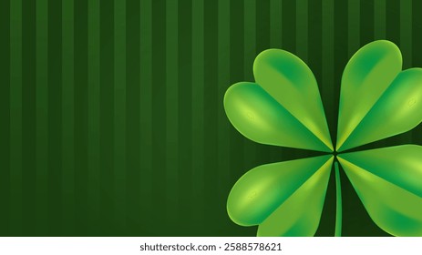 Horizontal background Happy Saint Patricks day. Clover leafs quatrefoils on green striped background. Vector illustration with copy space