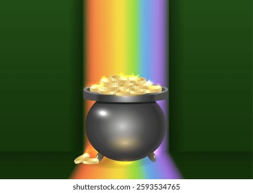 Horizontal background Happy Saint Patricks day with cauldron, gold coins, rainbow on dark green background. Vector illustration
