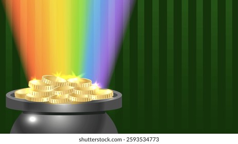 Horizontal background Happy Saint Patricks day with pot, coins, rainbow on striped green background. Vector illustration with copy space