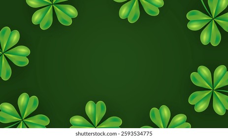 Horizontal background Happy Saint Patricks day. Clover leafs quatrefoils on green background. Vector illustration with copy space